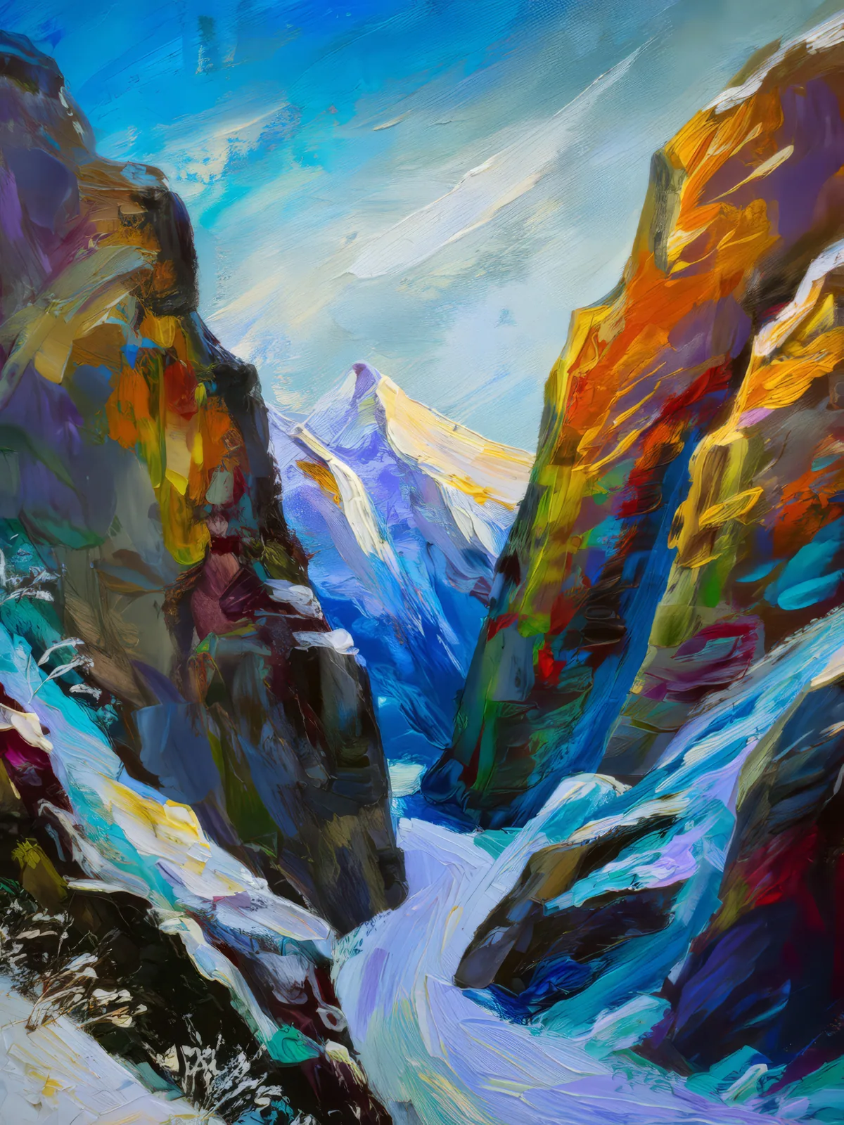 Frozen Mountain Pass, a palette-knife oil landscape by Emma Mickelberg