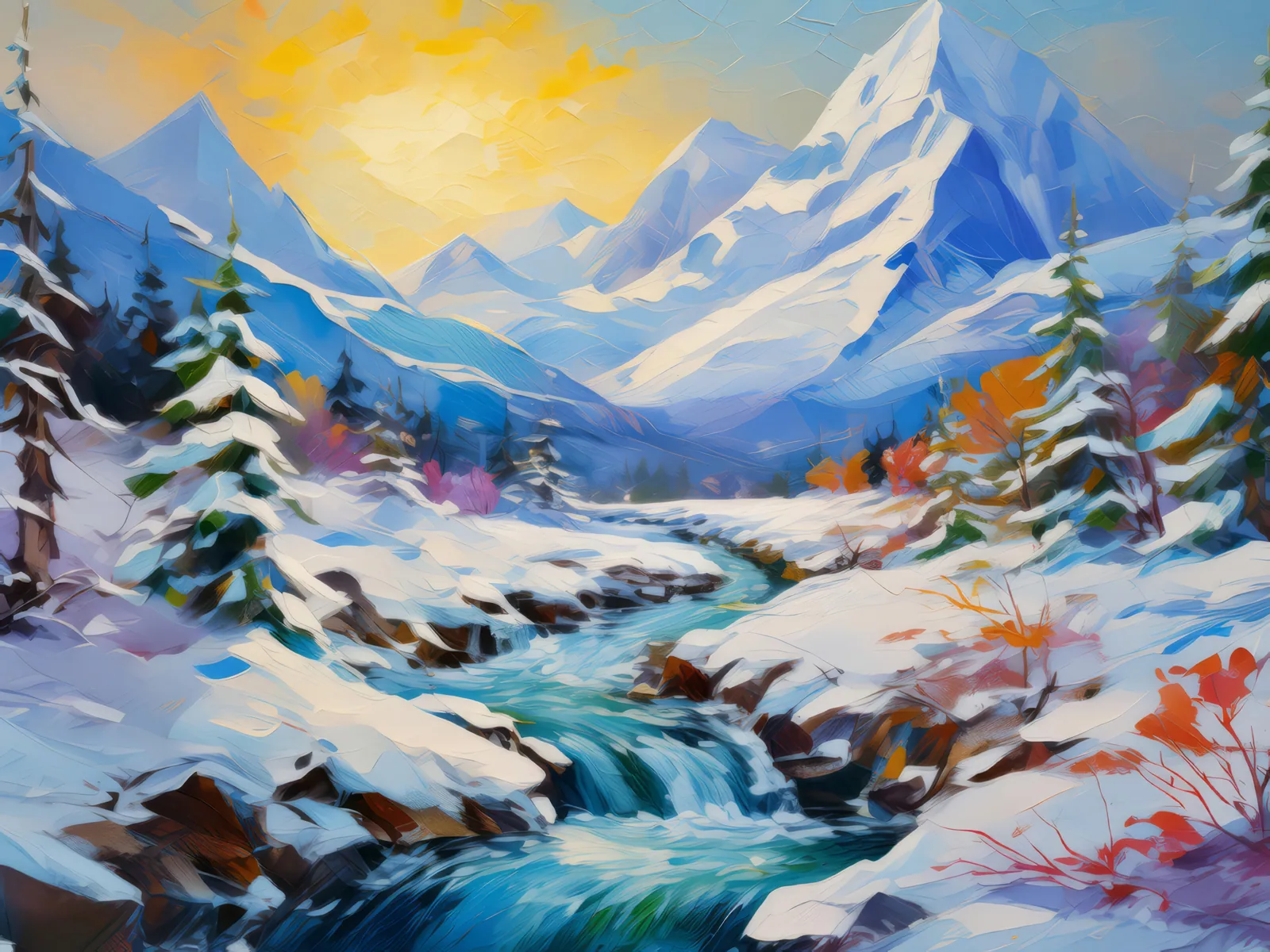 Frozen Mountain Stream, a palette-knife oil landscape by Emma Mickelberg