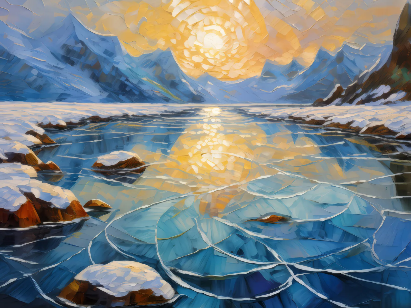 Frozen Patterns on the Ice, a palette-knife oil landscape by Emma Mickelberg
