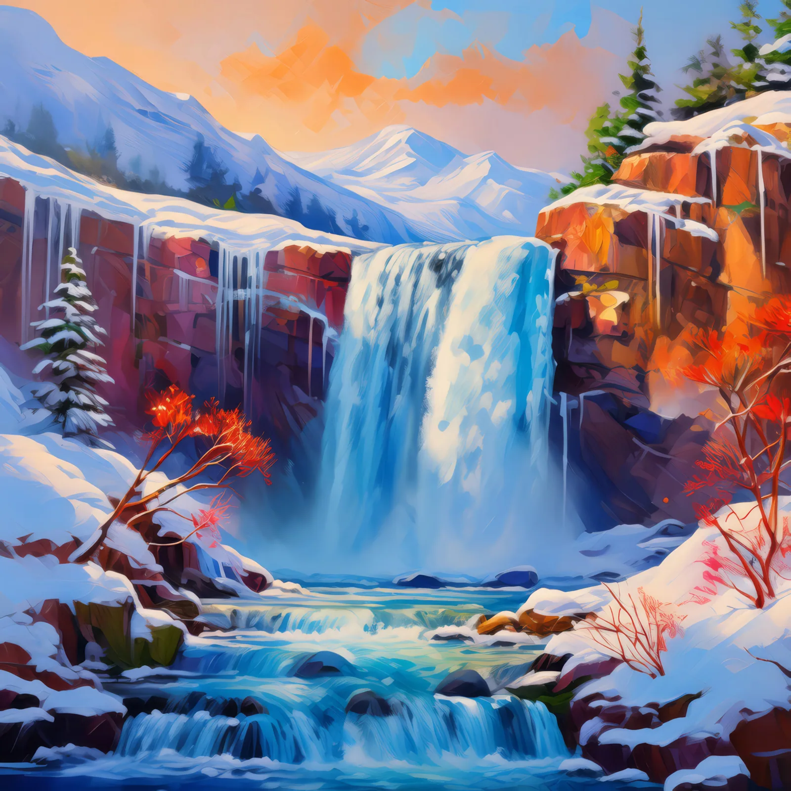 Frozen Plateau Waterfall, a palette-knife oil landscape by Emma Mickelberg