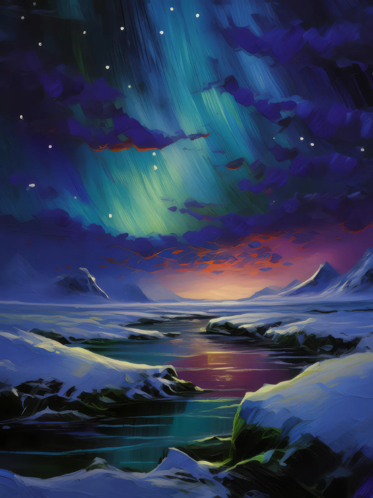 Frozen Polar Night, a palette-knife oil landscape by Emma Mickelberg