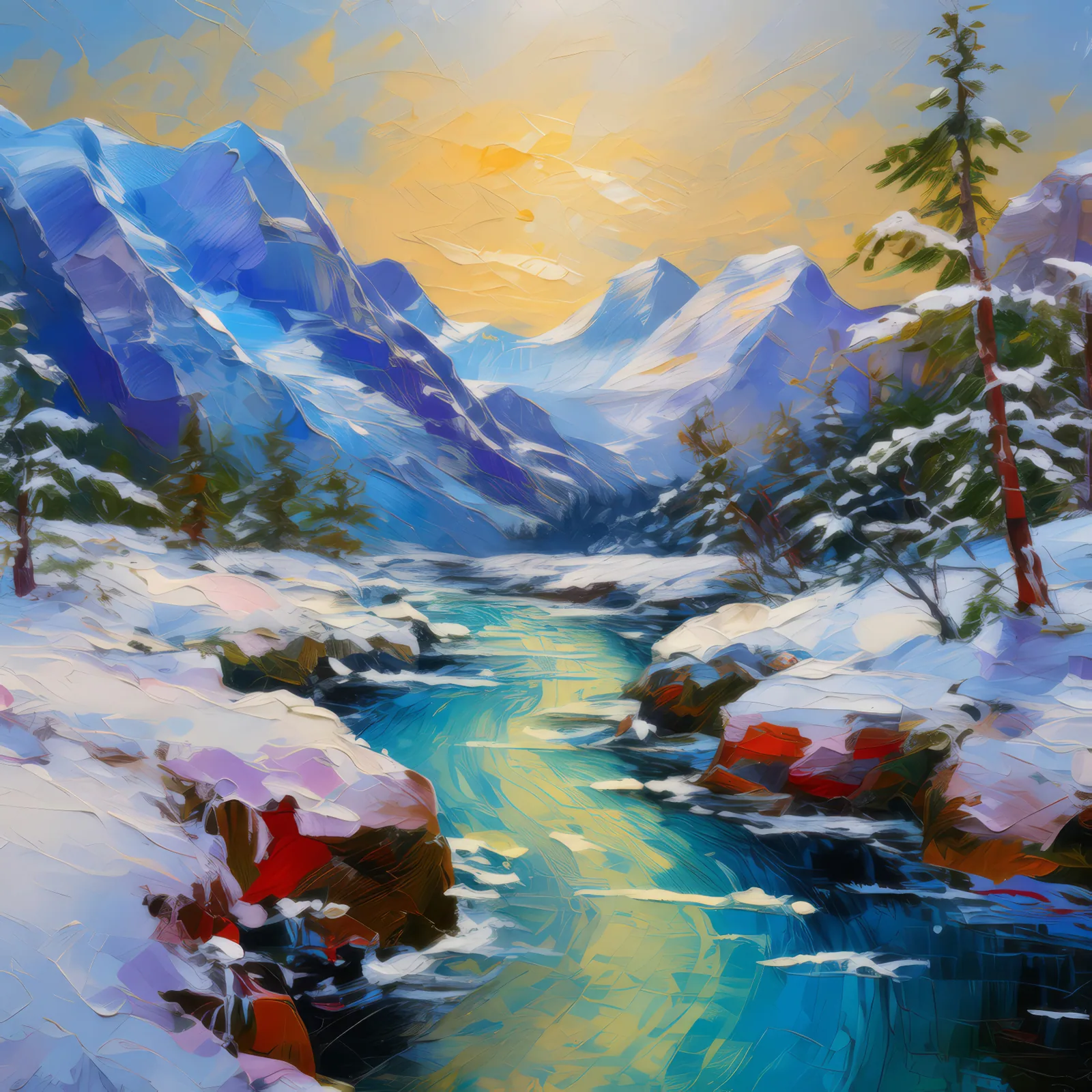 Frozen Polar River, a palette-knife oil landscape by Emma Mickelberg