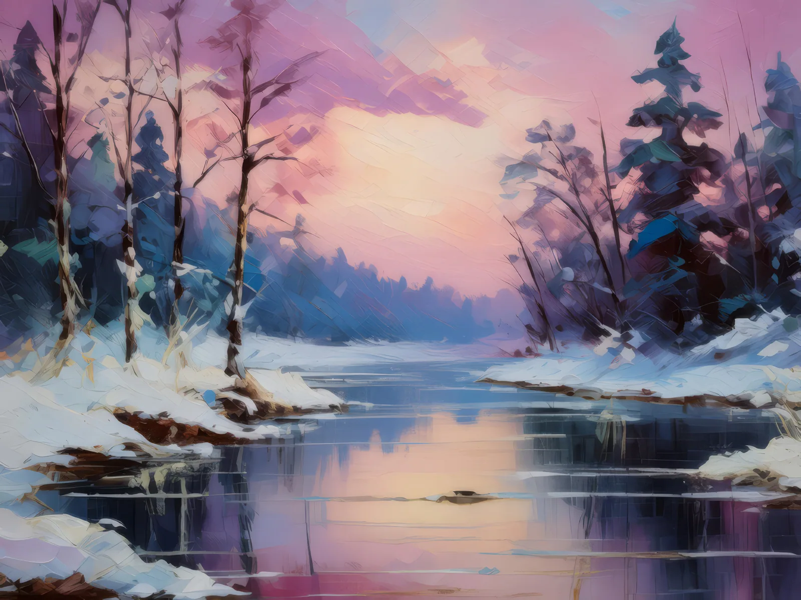 Frozen River at Twilight, a palette-knife oil landscape by Emma Mickelberg
