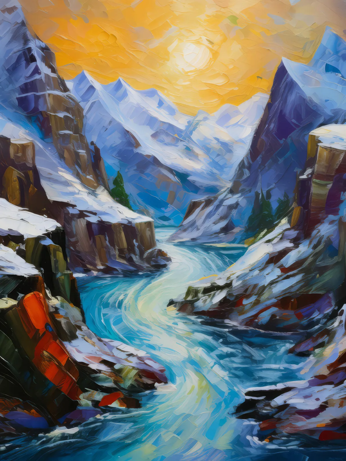 Frozen River Canyon, a palette-knife oil landscape by Emma Mickelberg