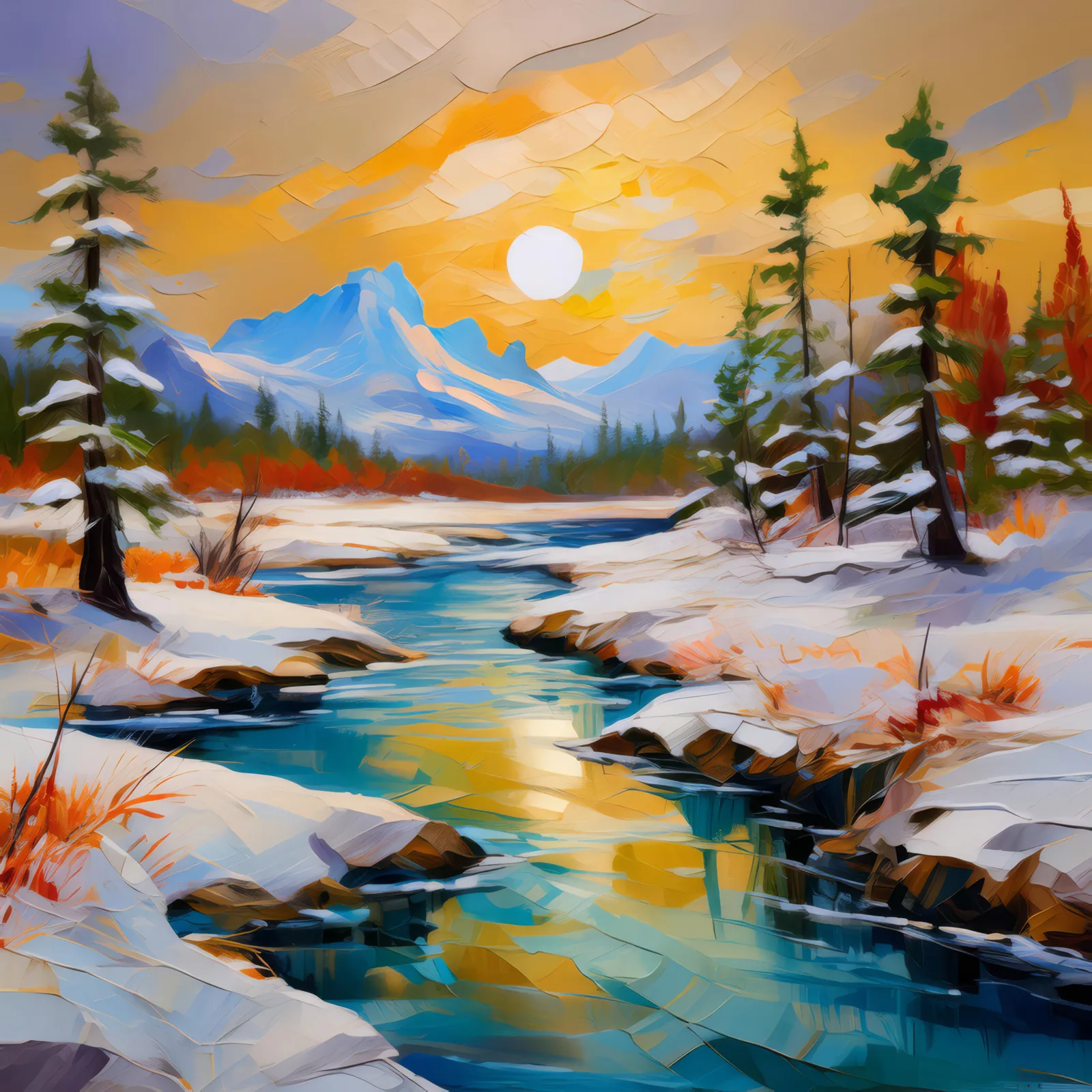 Frozen River in Boreal Desert, a palette-knife oil landscape by Emma Mickelberg