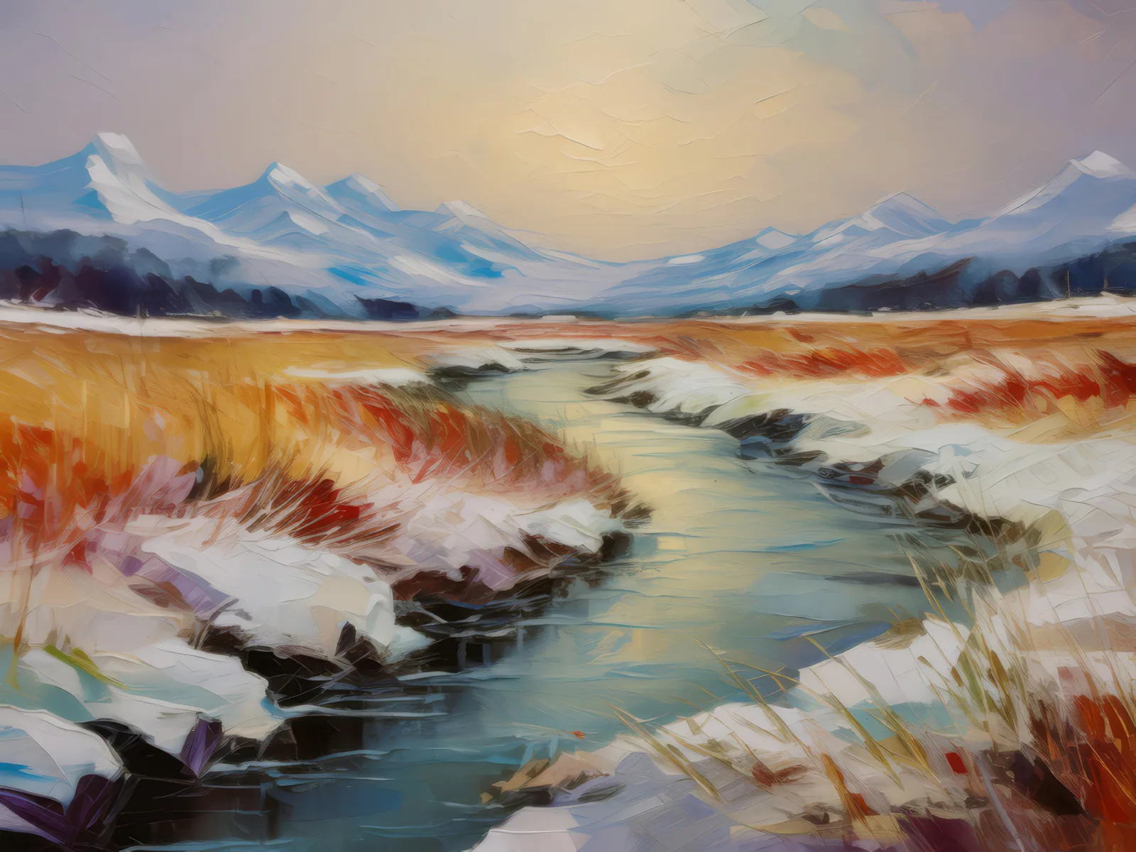 Frozen River in Tundra, a palette-knife oil landscape by Emma Mickelberg