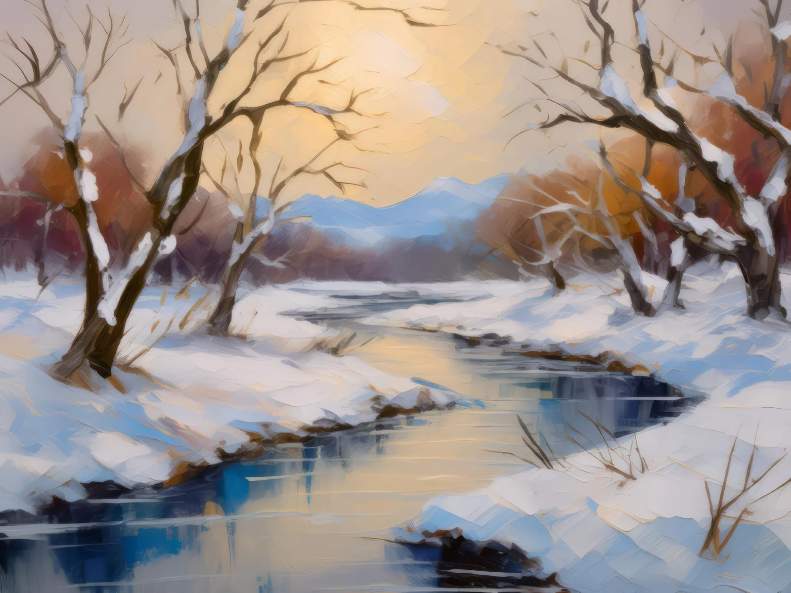 Frozen River in Winter, a palette-knife oil landscape by Emma Mickelberg