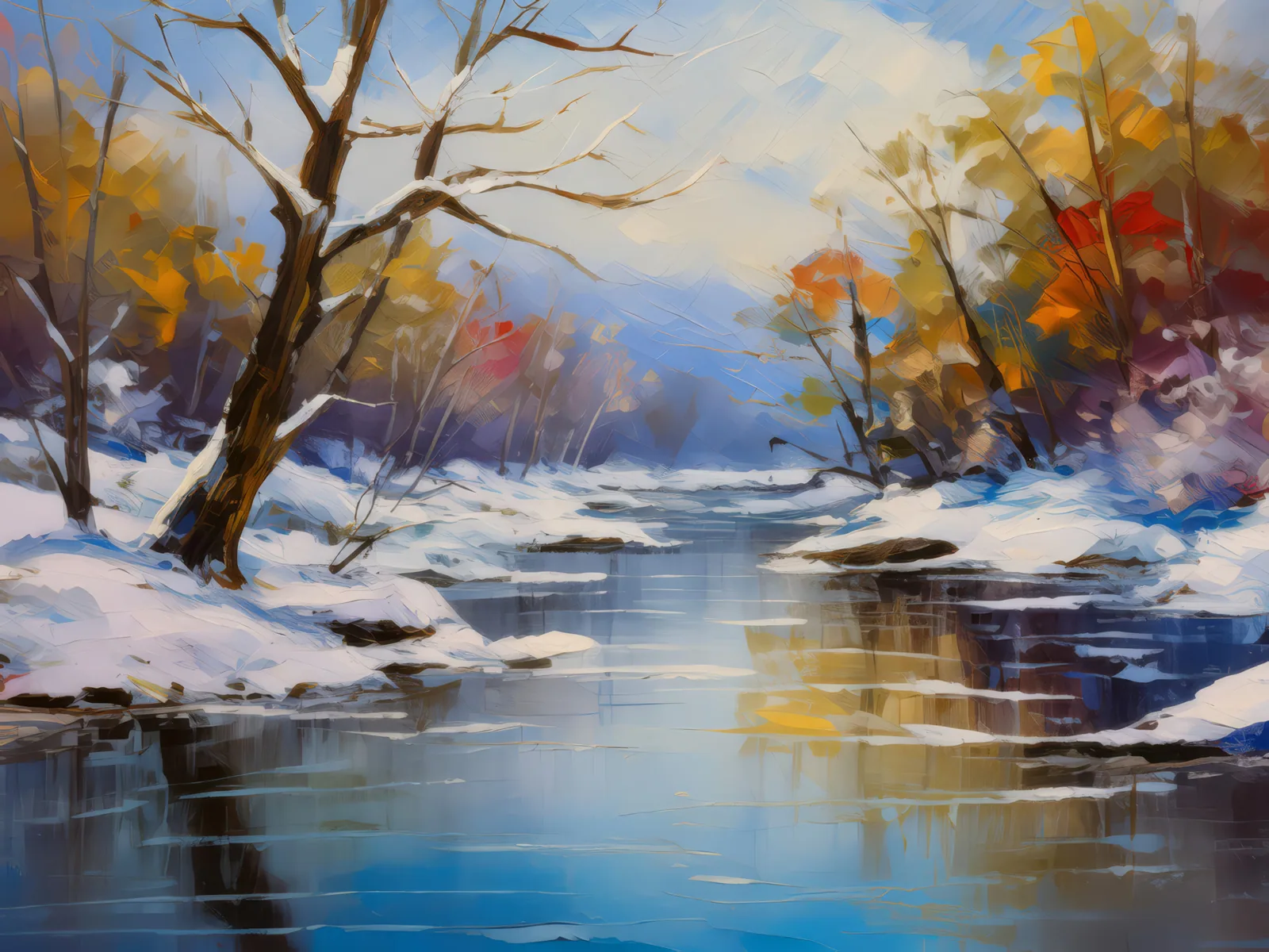 Frozen Riverbank, a palette-knife oil landscape by Emma Mickelberg