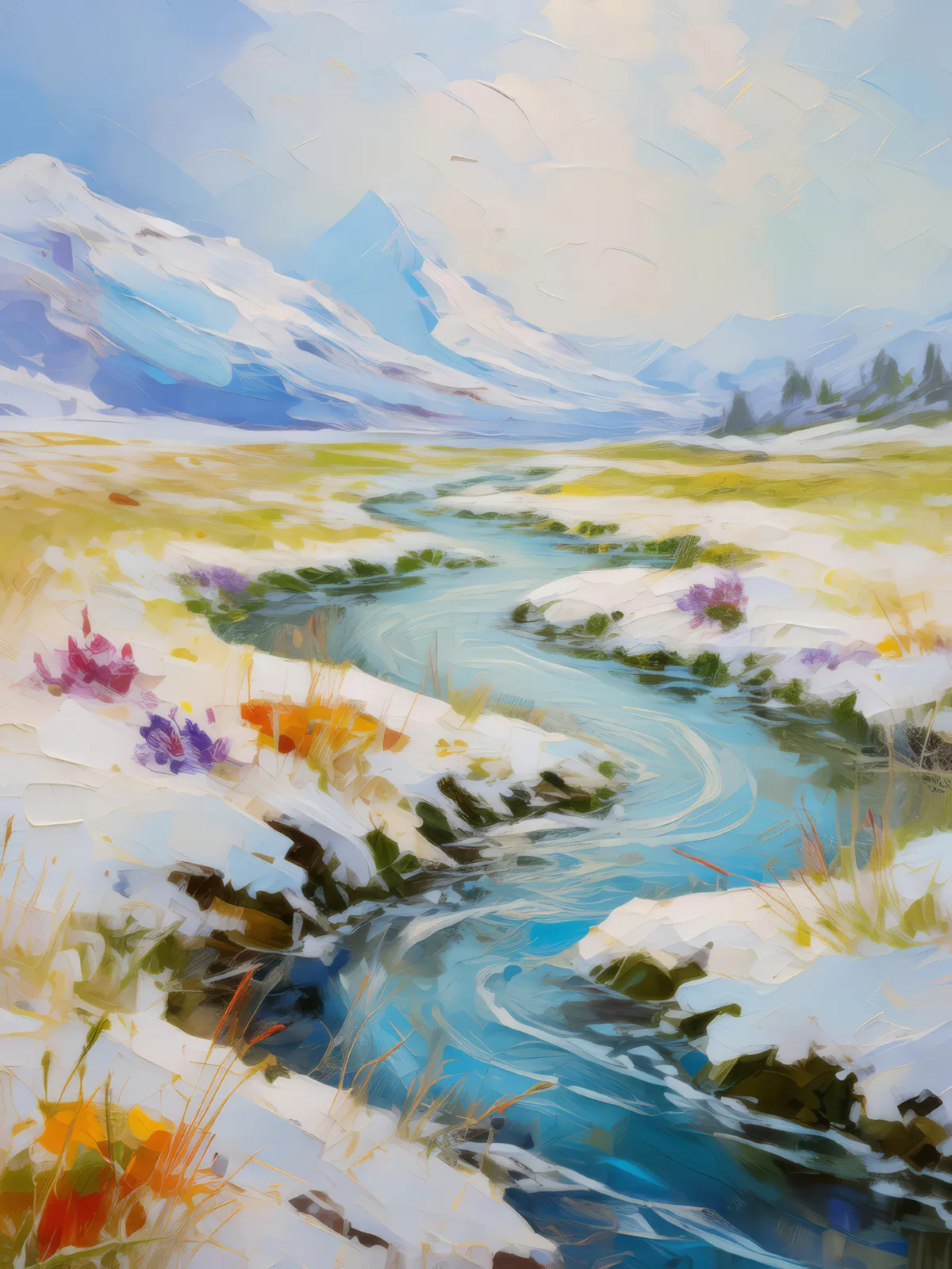 Frozen Stream in Tundra, a palette-knife oil landscape by Emma Mickelberg