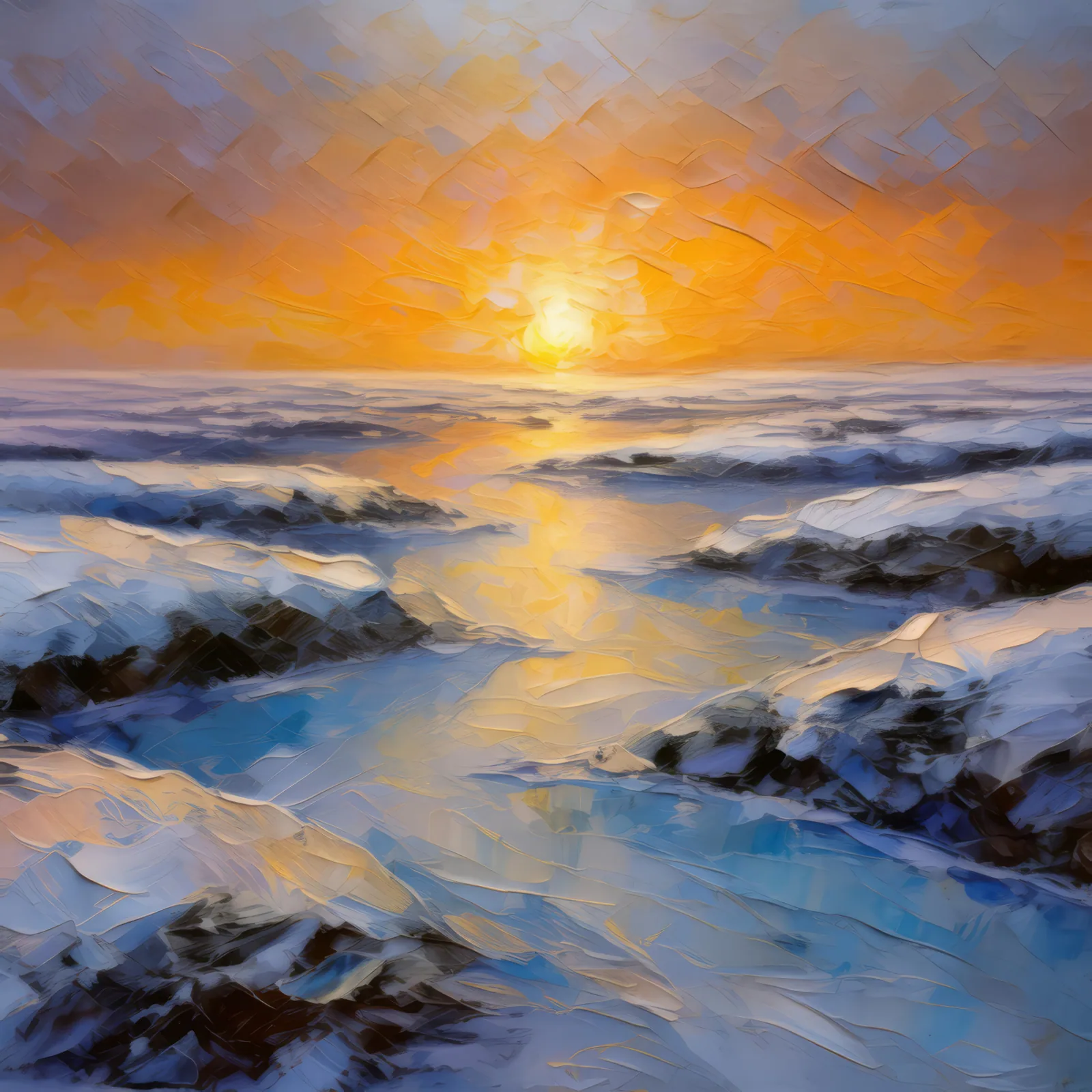 Frozen Tundra at Dawn, a palette-knife oil landscape by Emma Mickelberg