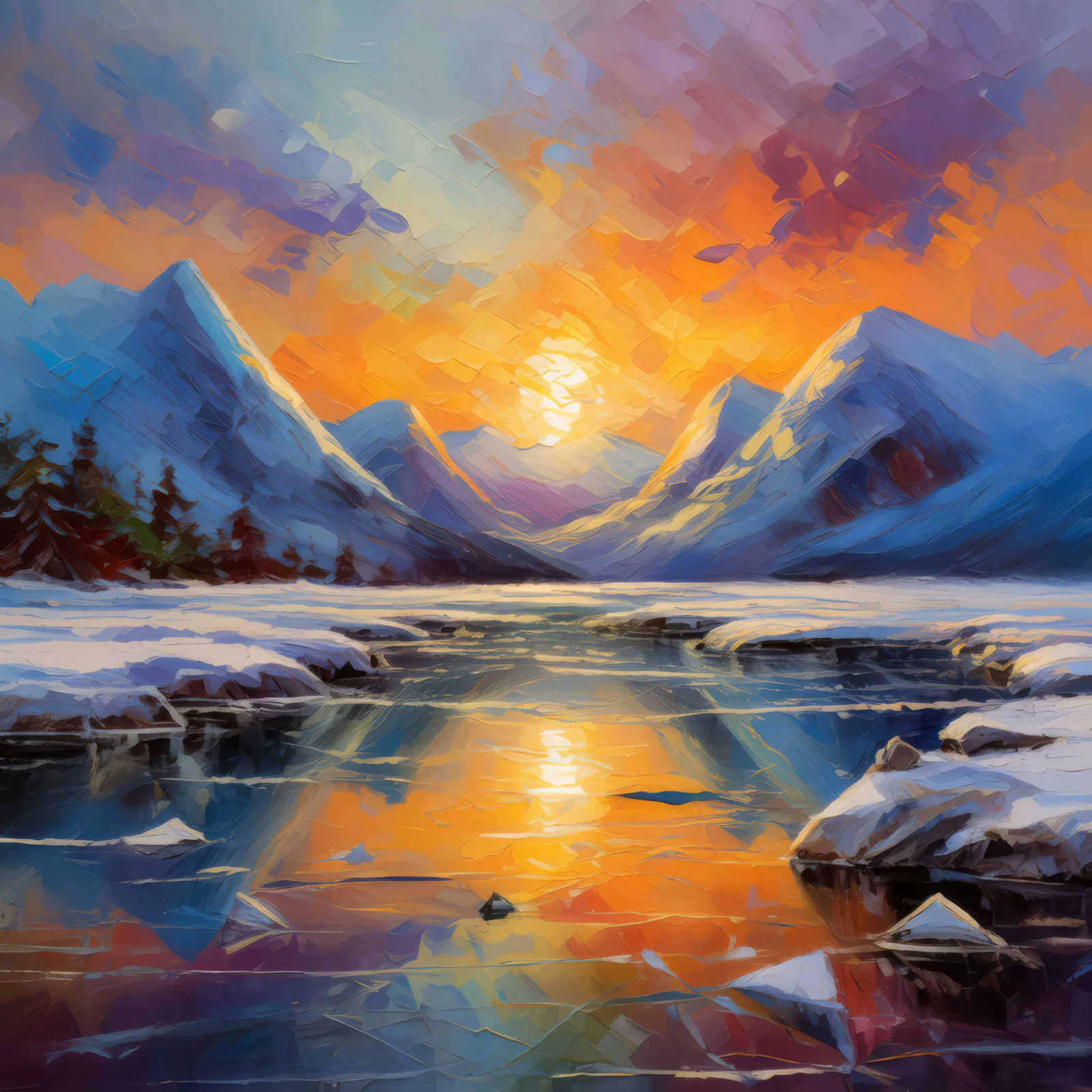 Frozen Tundra Lakescape, a palette-knife oil landscape by Emma Mickelberg
