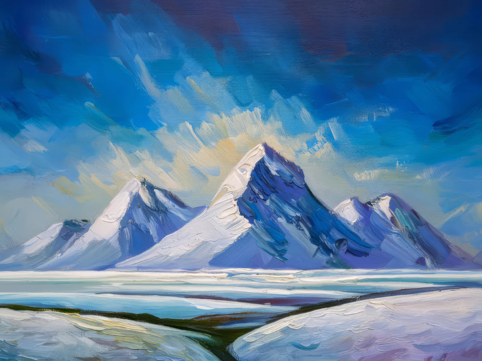 Frozen Tundra Peaks, a palette-knife oil landscape by Emma Mickelberg
