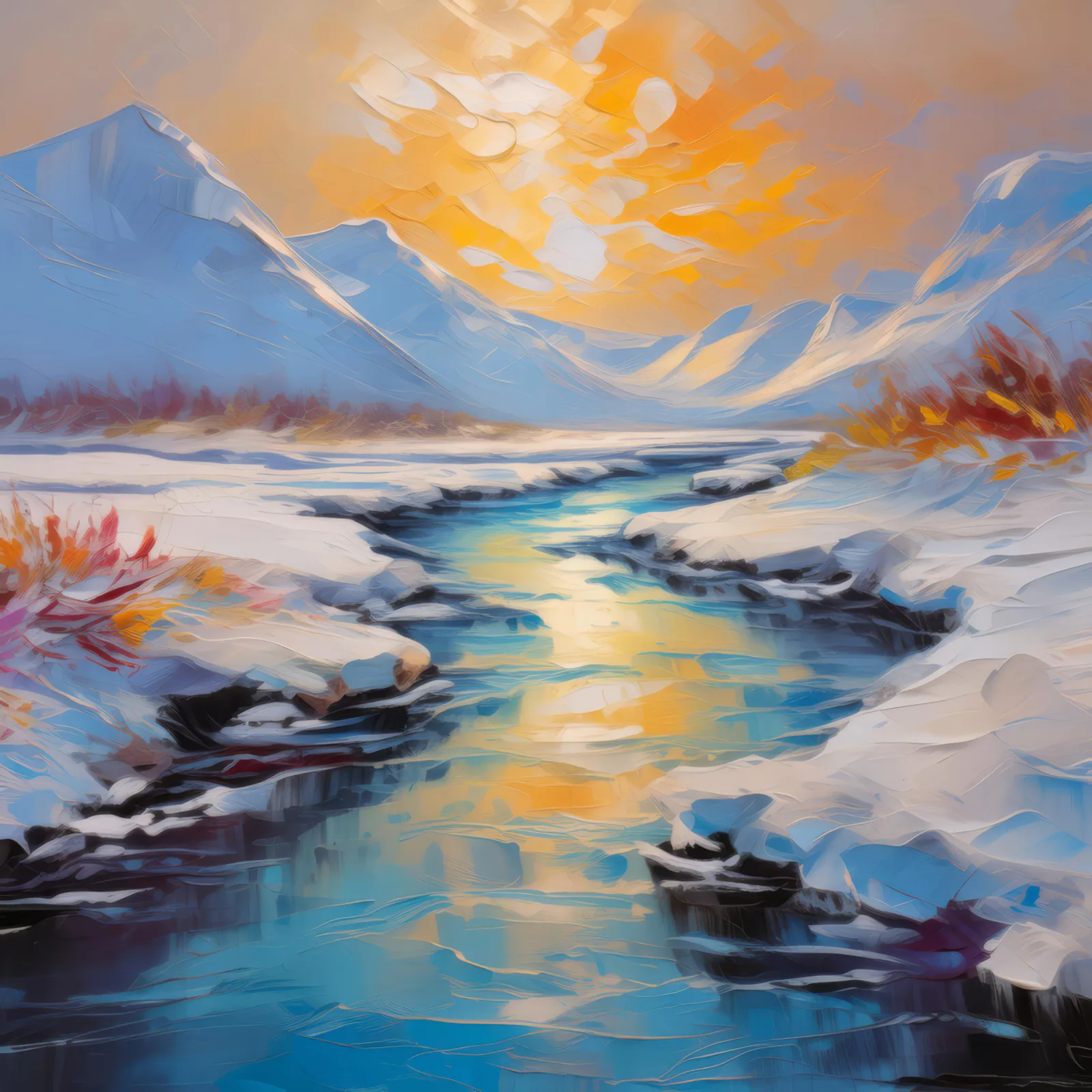 Frozen Tundra River, a palette-knife oil landscape by Emma Mickelberg