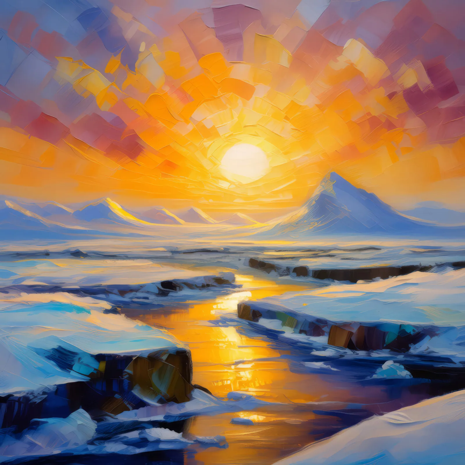Frozen Tundra Sunrise, a palette-knife oil landscape by Emma Mickelberg
