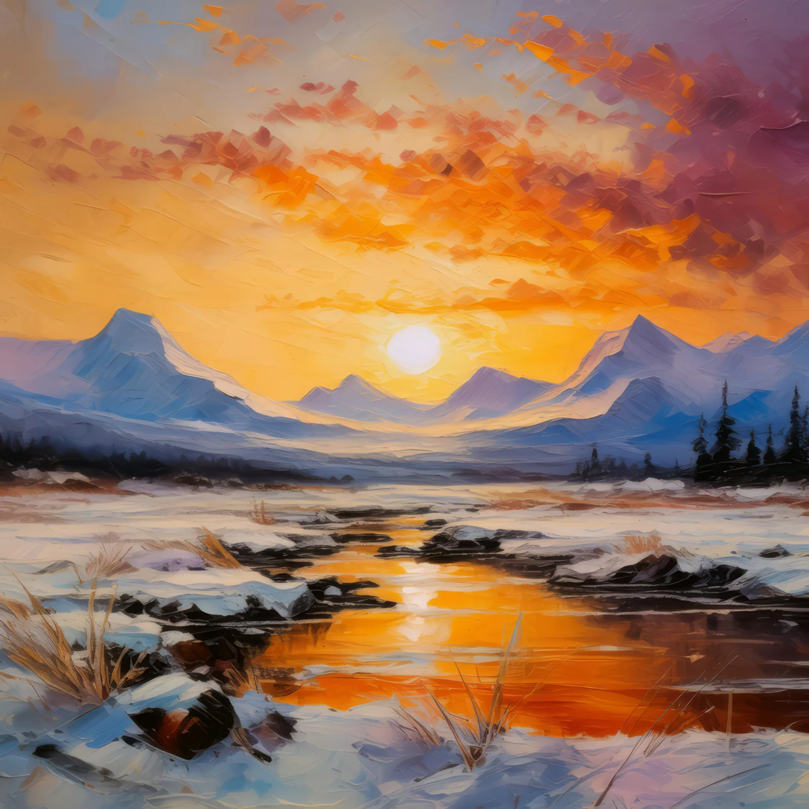 Frozen Tundra Sunset, a palette-knife oil landscape by Emma Mickelberg