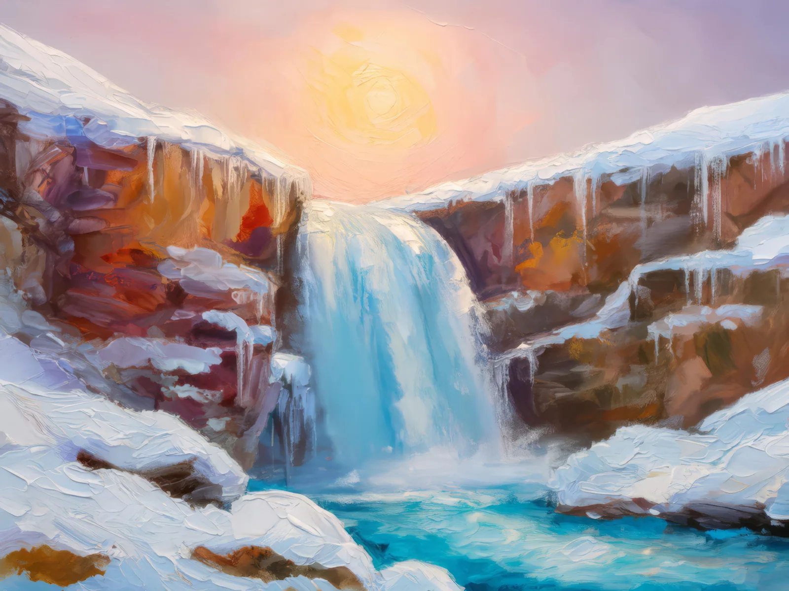 Frozen Tundra Waterfall, a palette-knife oil landscape by Emma Mickelberg