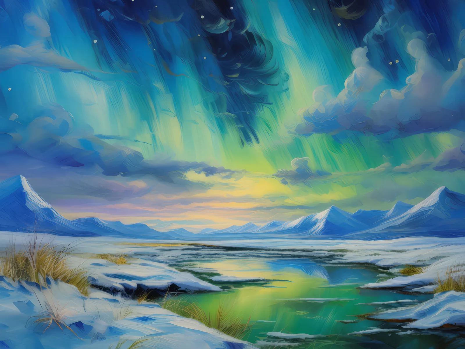 Frozen Tundra with Northern Lights, a palette-knife oil landscape by Emma Mickelberg
