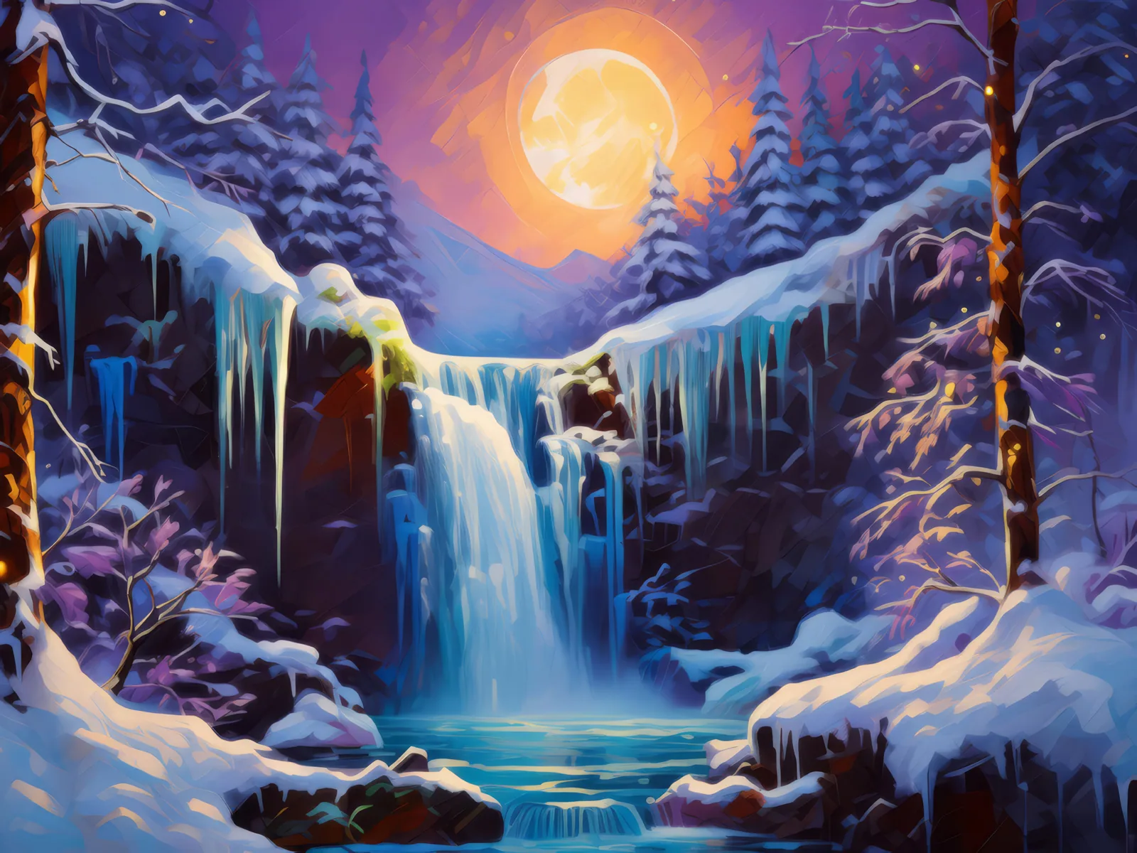 Frozen Waterfall by Moonlight, a palette-knife oil landscape by Emma Mickelberg