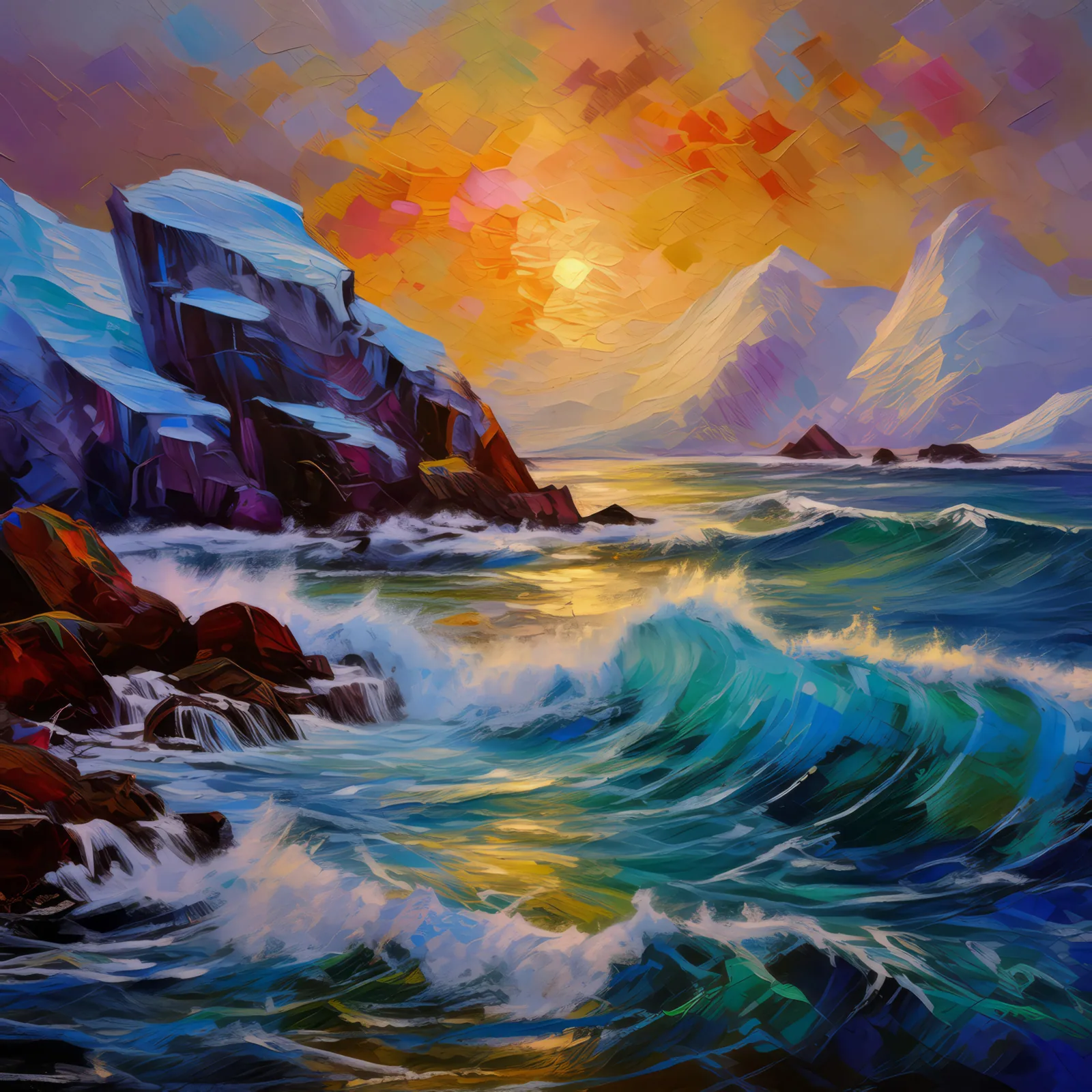 Frozen Waves Crashing, a palette-knife oil landscape by Emma Mickelberg