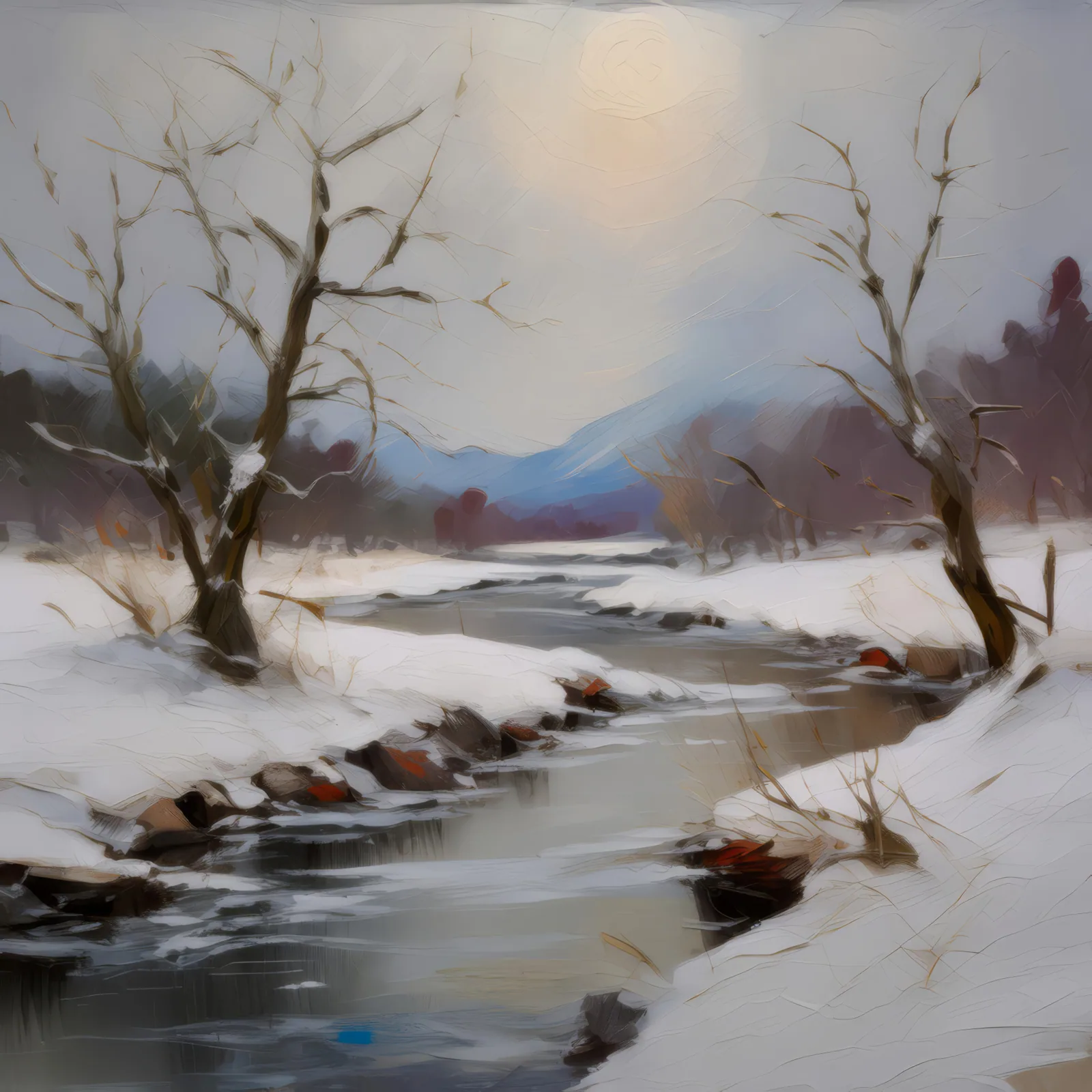 Frozen Winter River, a palette-knife oil landscape by Emma Mickelberg