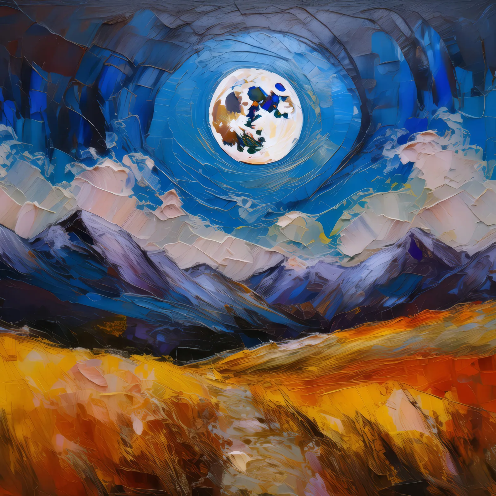 Full Moon Alpine Desert Hike, a palette-knife oil landscape by Emma Mickelberg