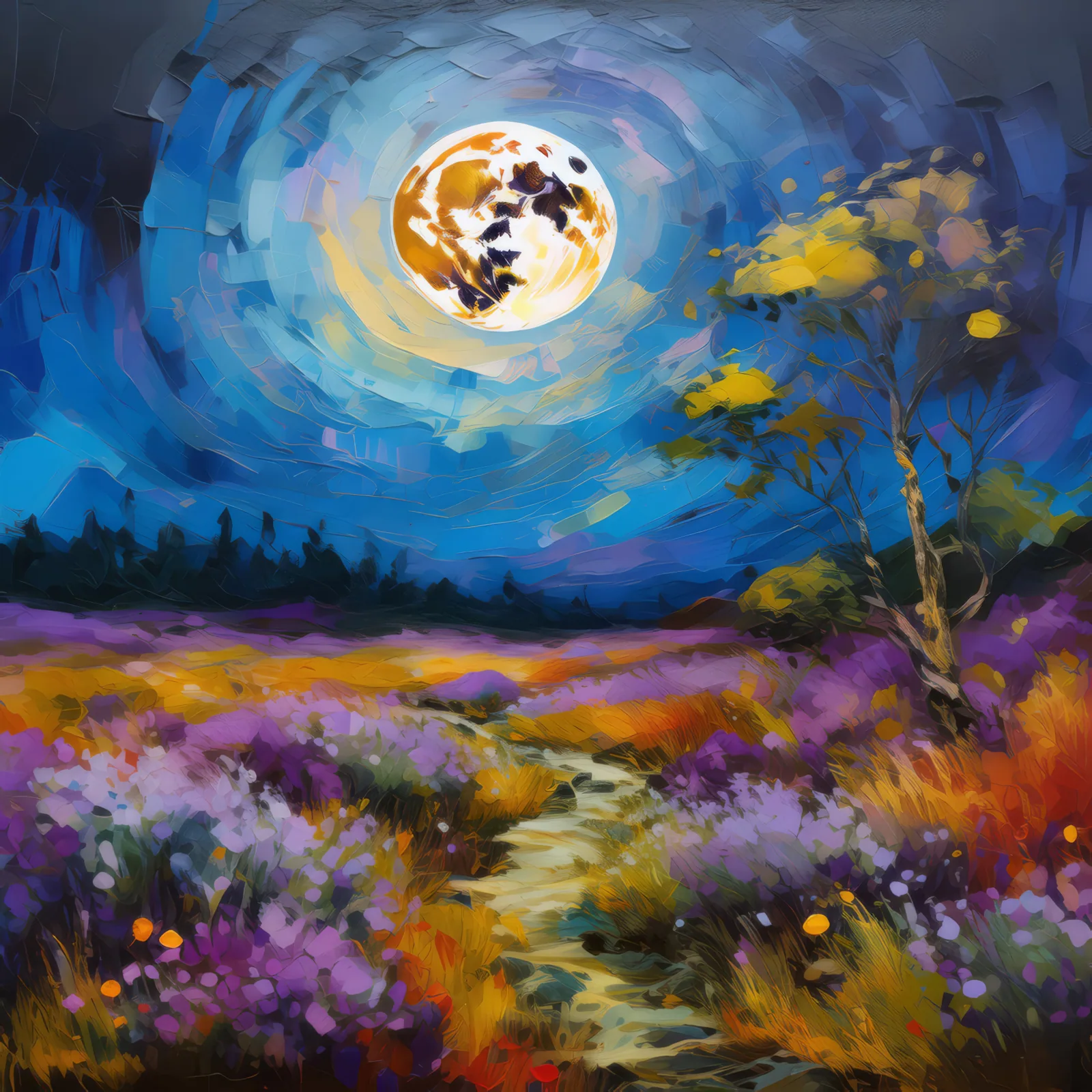 Full Moon over Moorland, a palette-knife oil landscape by Emma Mickelberg