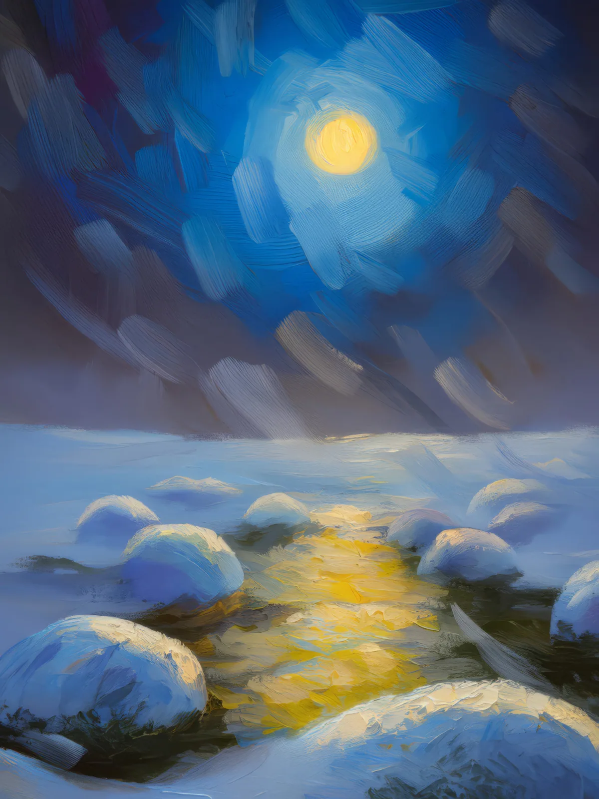Ghostly Shadows on Snow, a palette-knife oil landscape by Emma Mickelberg