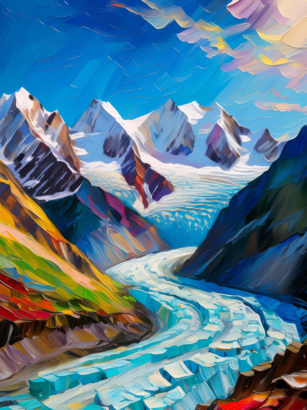 Glacial Alpine Majesty, a palette-knife oil landscape by Emma Mickelberg