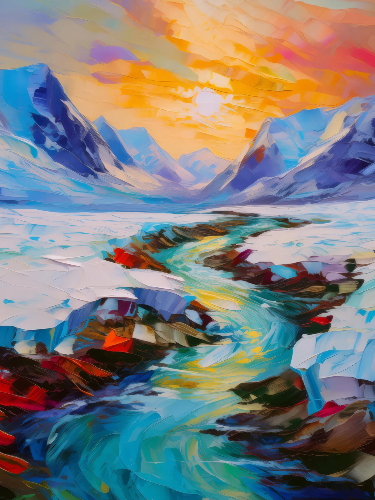 Glacial Desert Stream, a palette-knife oil landscape by Emma Mickelberg