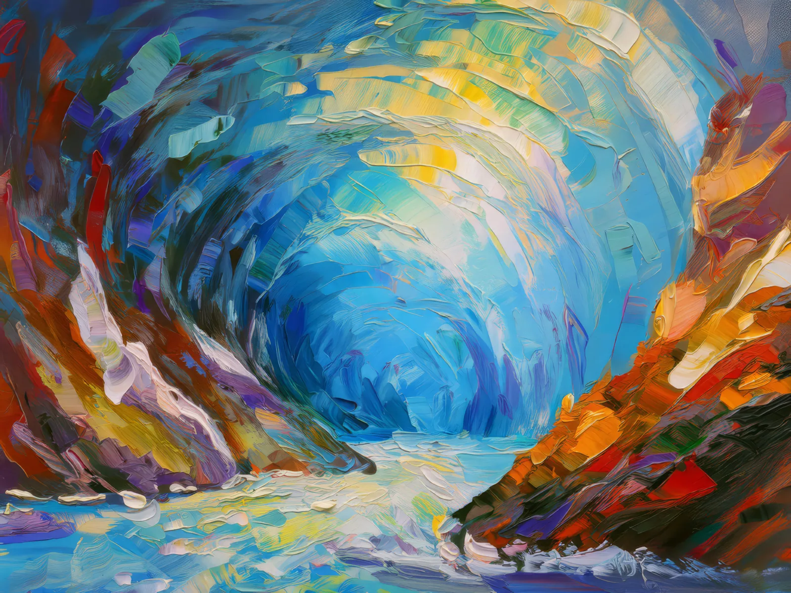 Glacial Ice Cave, a palette-knife oil landscape by Emma Mickelberg