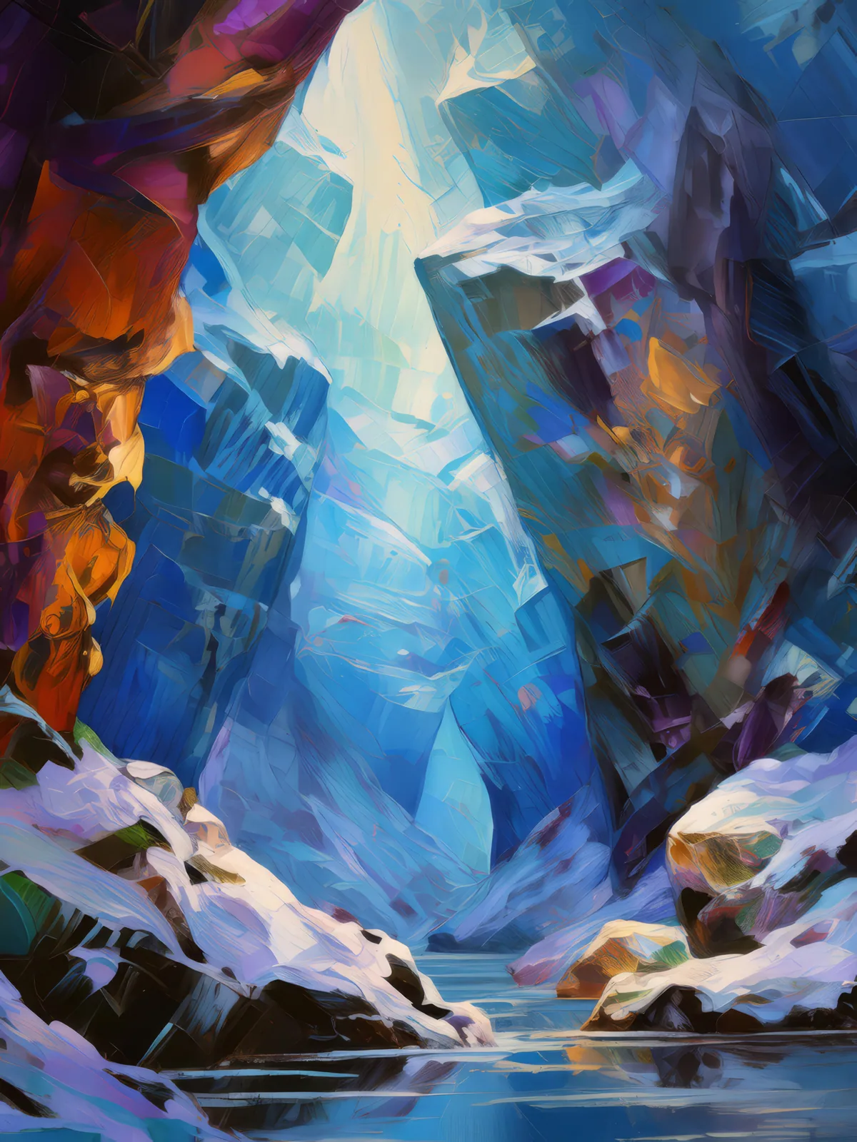 Glacial Ice Caverns, a palette-knife oil landscape by Emma Mickelberg