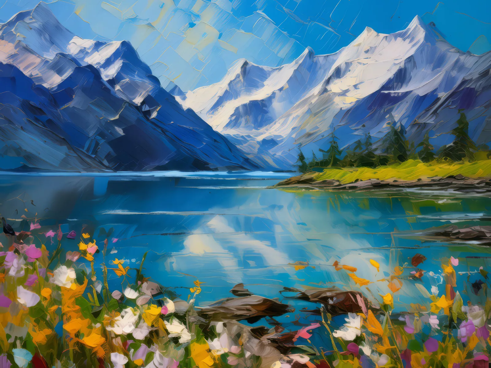 Glacial Lake Reflection, a palette-knife oil landscape by Emma Mickelberg