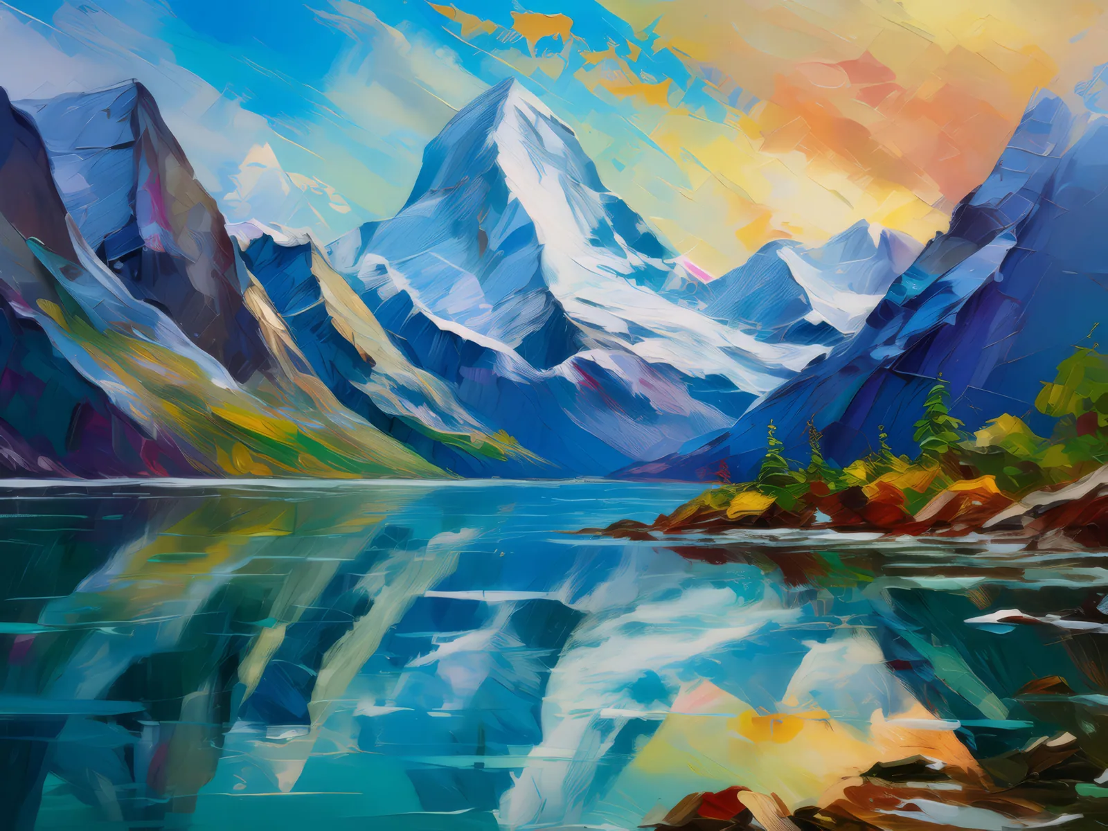 Glacial Lake Reflections, a palette-knife oil landscape by Emma Mickelberg