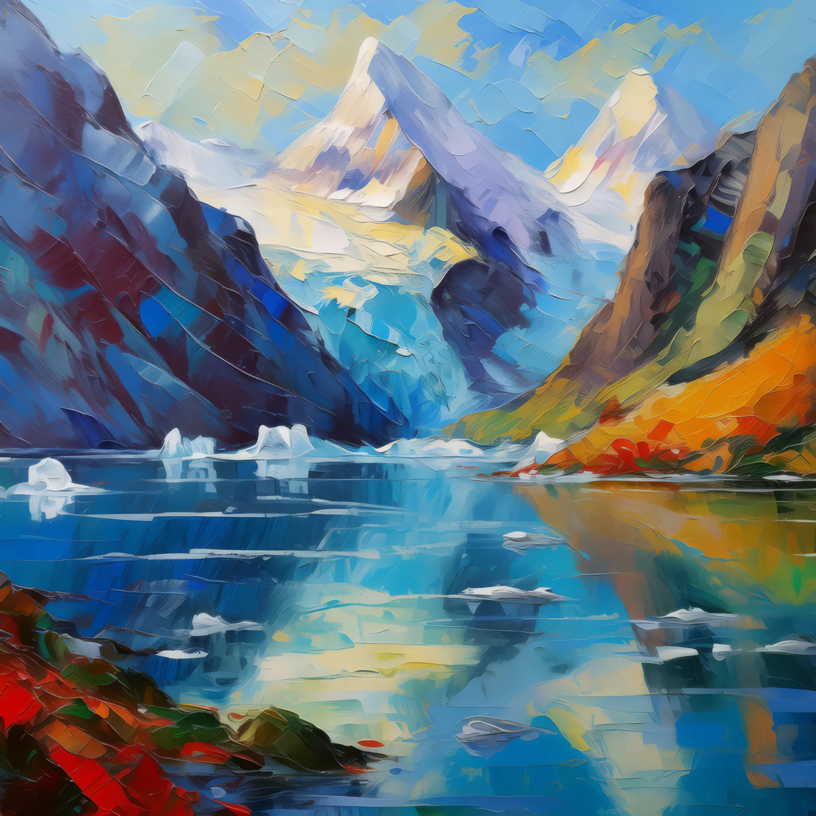 Glacial Mountain Lake, a palette-knife oil landscape by Emma Mickelberg