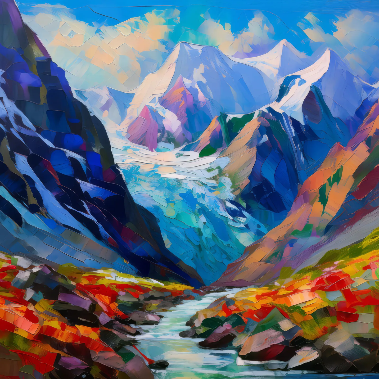 Glacial Mountain Pass, a palette-knife oil landscape by Emma Mickelberg