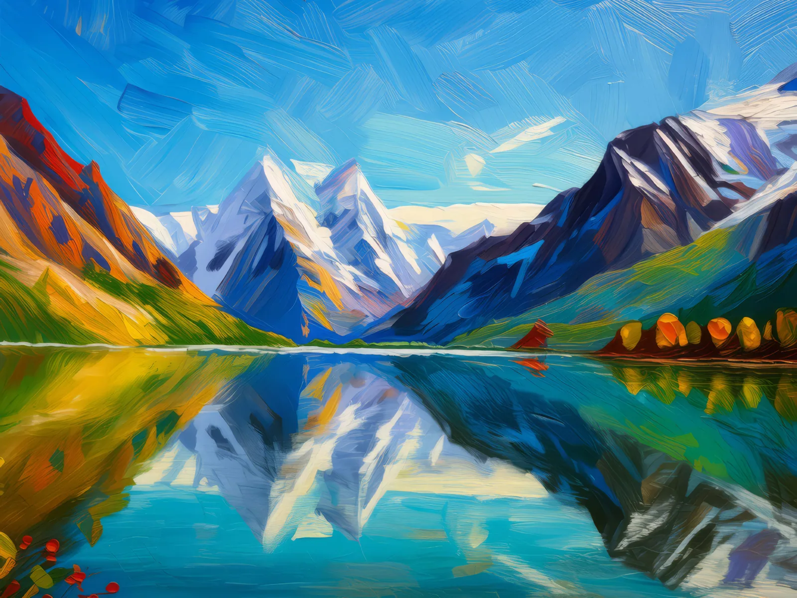 Glacial Mountain Reflections, a palette-knife oil landscape by Emma Mickelberg