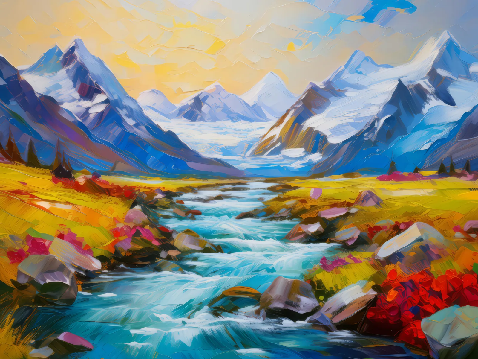 Glacial Mountain Stream, a palette-knife oil landscape by Emma Mickelberg