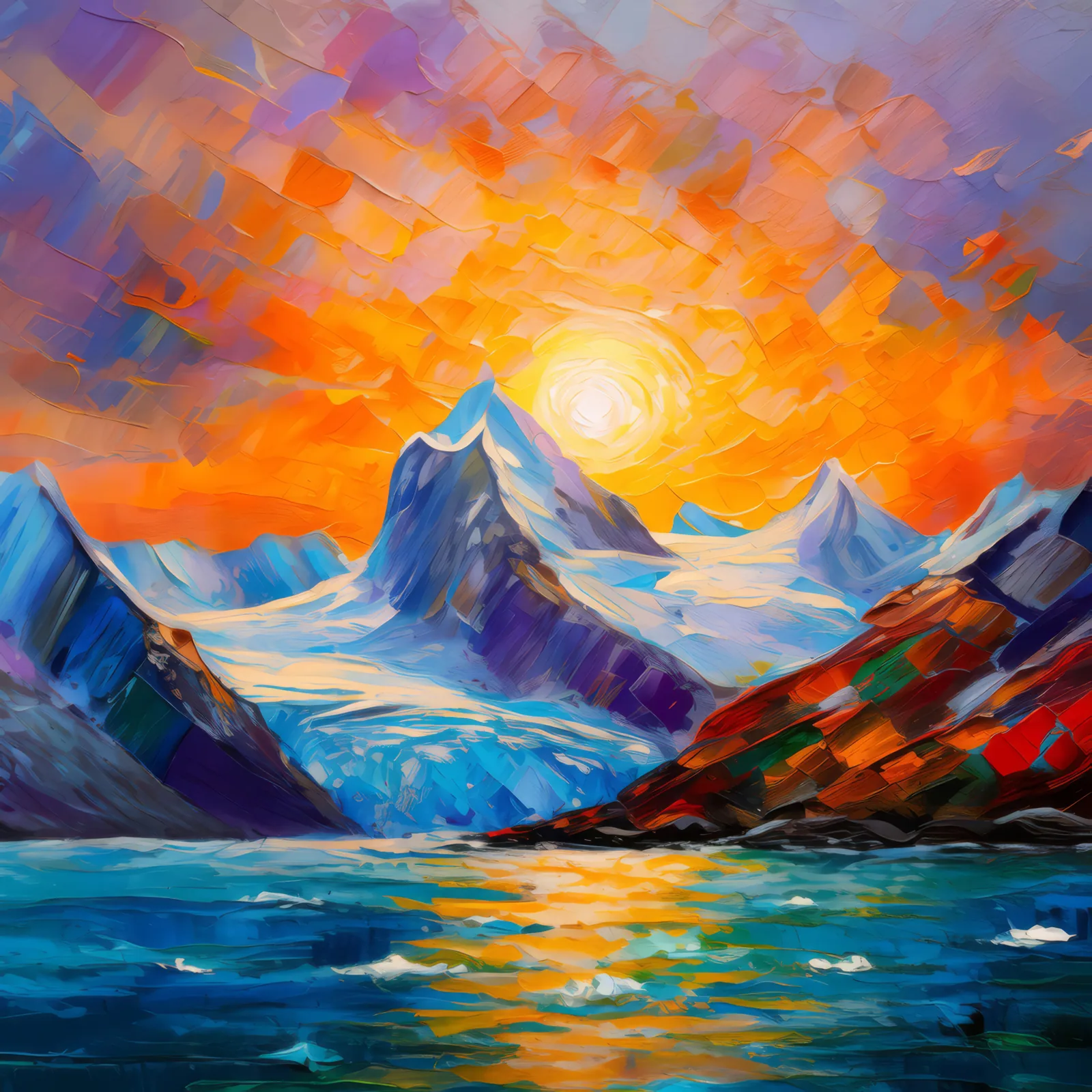 Glacial Mountain Sunset, a palette-knife oil landscape by Emma Mickelberg