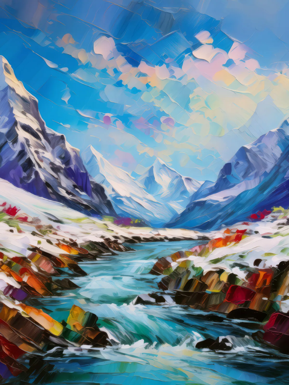 Glacial River Crossing, a palette-knife oil landscape by Emma Mickelberg