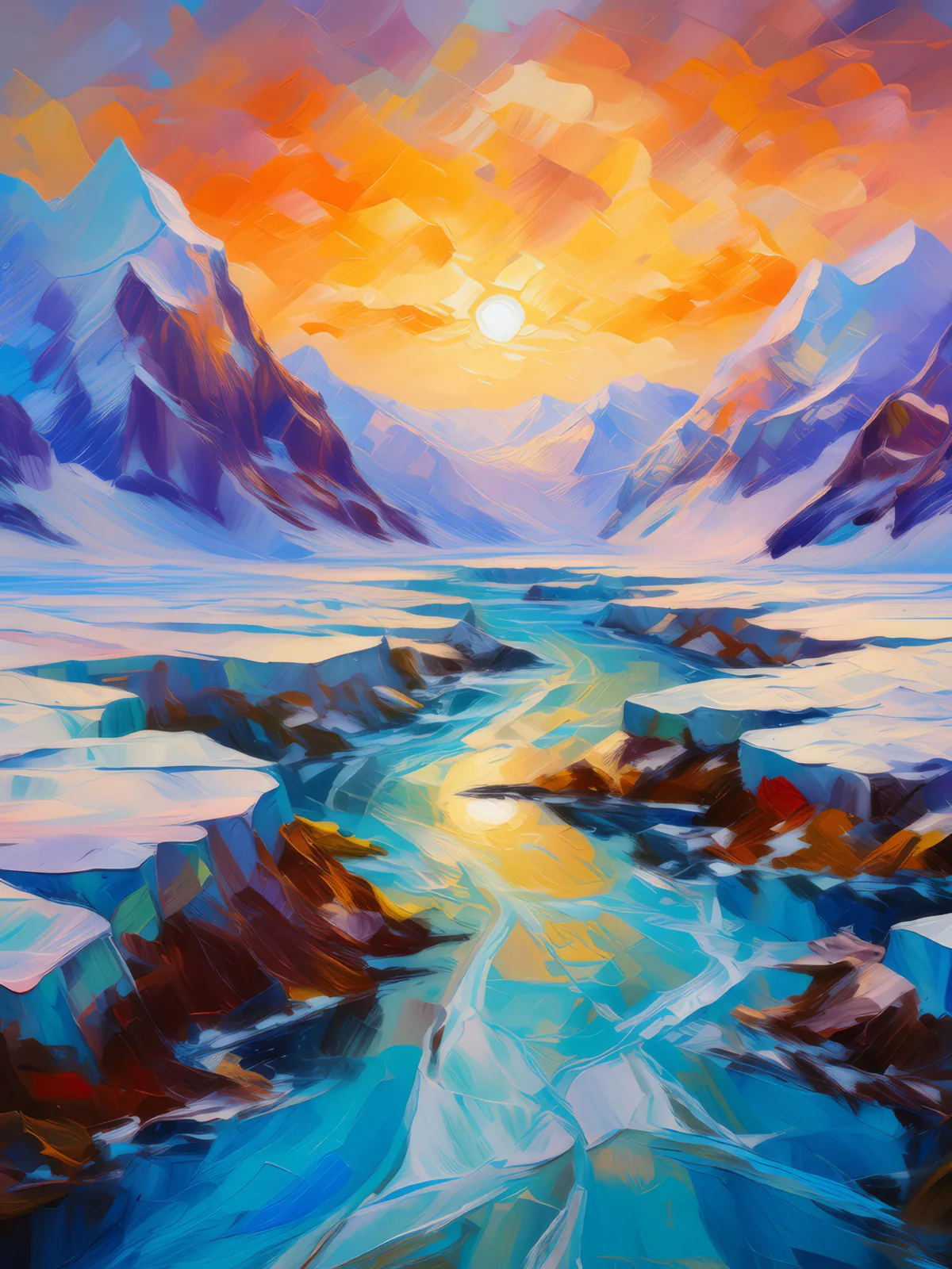 Glacial Rivers in Arctic Desert, a palette-knife oil landscape by Emma Mickelberg