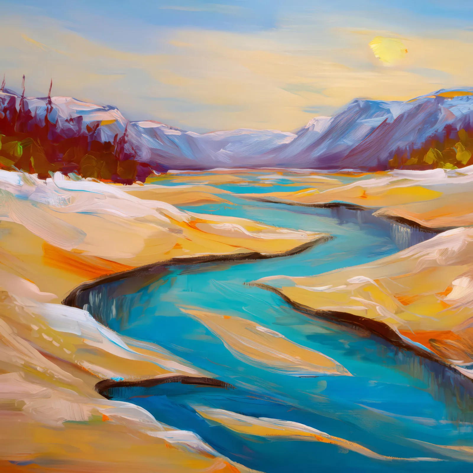 Glacial Rivers in Boreal Desert, a palette-knife oil landscape by Emma Mickelberg