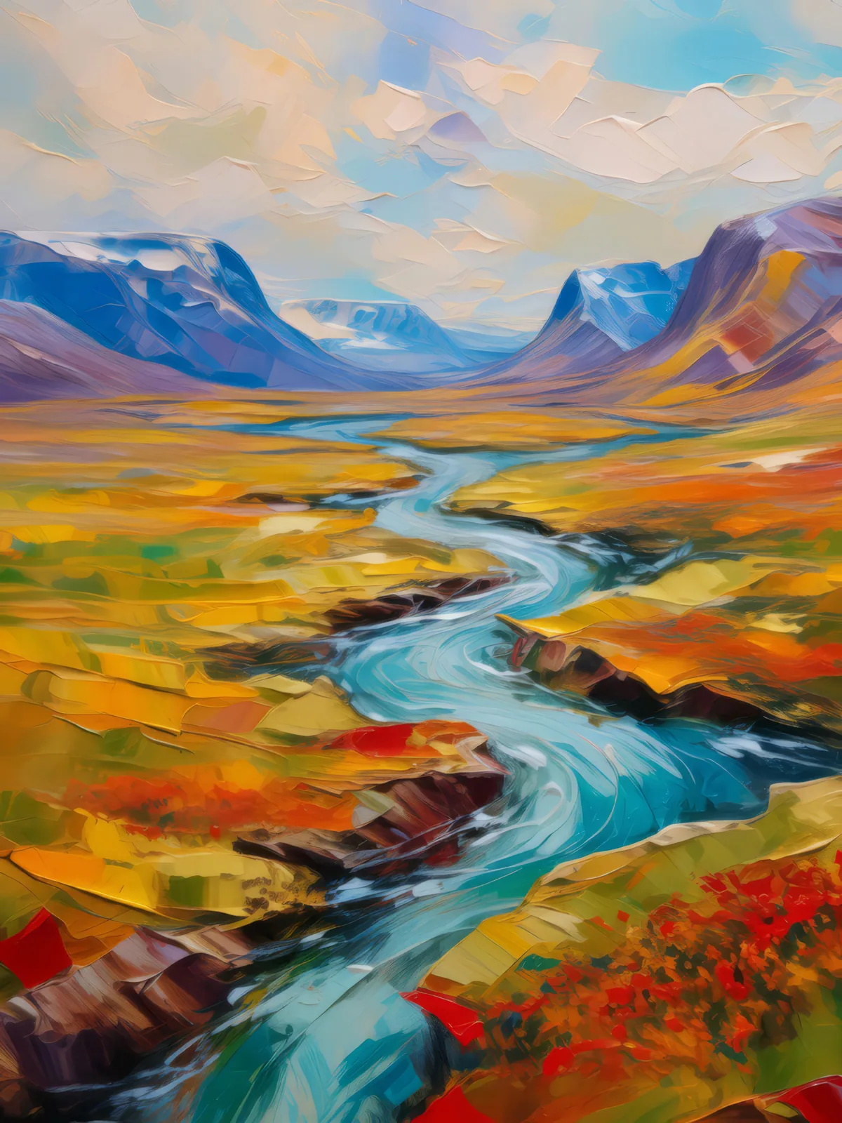 Glacial Rivers in Tundra, a palette-knife oil landscape by Emma Mickelberg