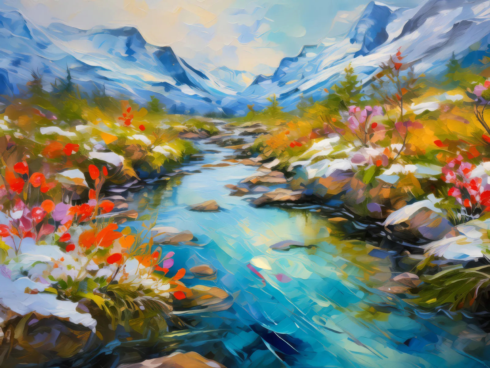 Glacial Tundra Stream, a palette-knife oil landscape by Emma Mickelberg