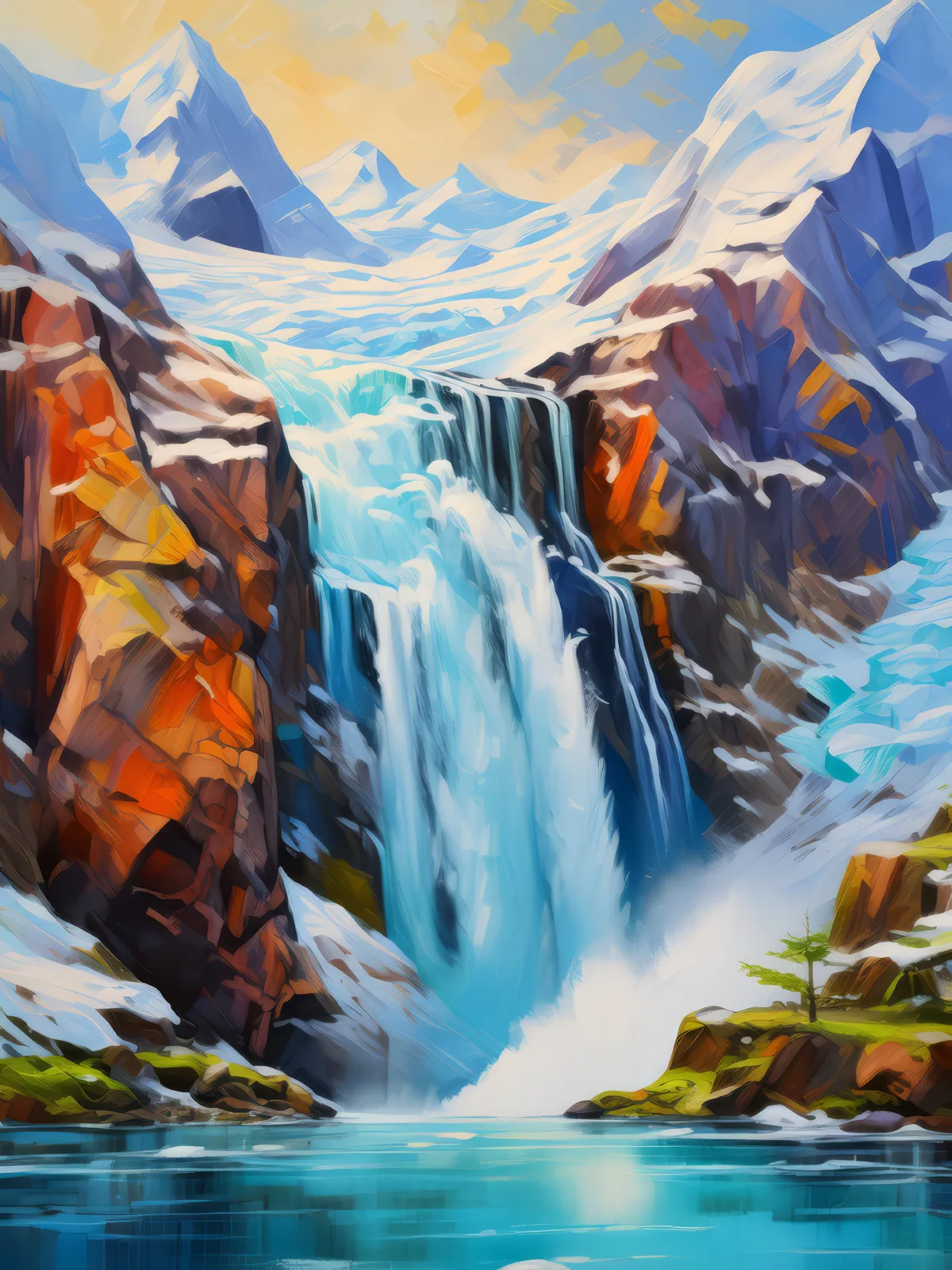 Glacial Waterfall, a palette-knife oil landscape by Emma Mickelberg