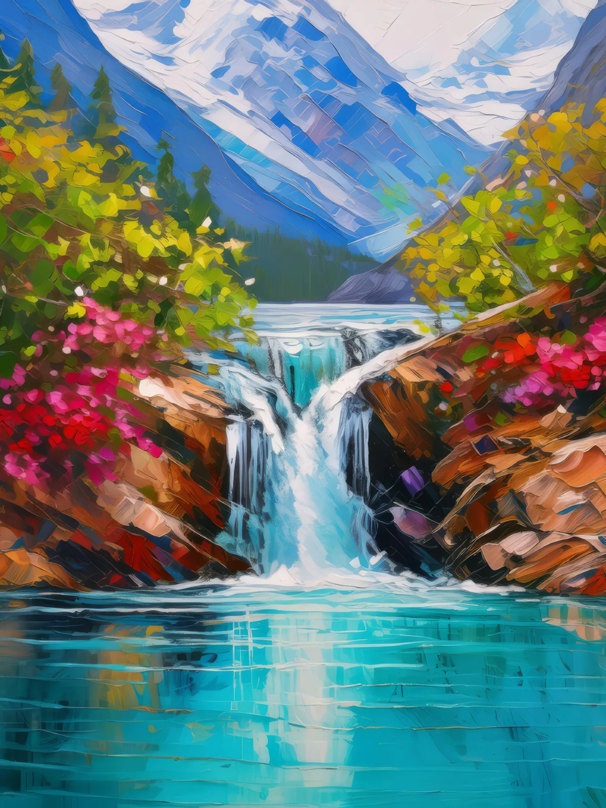 Glacier Edge Waterfall, a palette-knife oil landscape by Emma Mickelberg