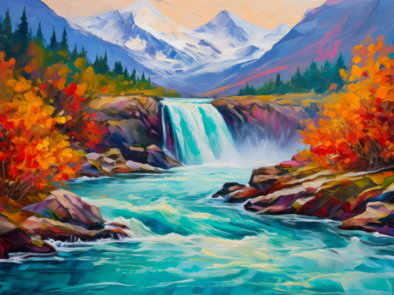 Glacier Waterfall Meltdown, a palette-knife oil landscape by Emma Mickelberg