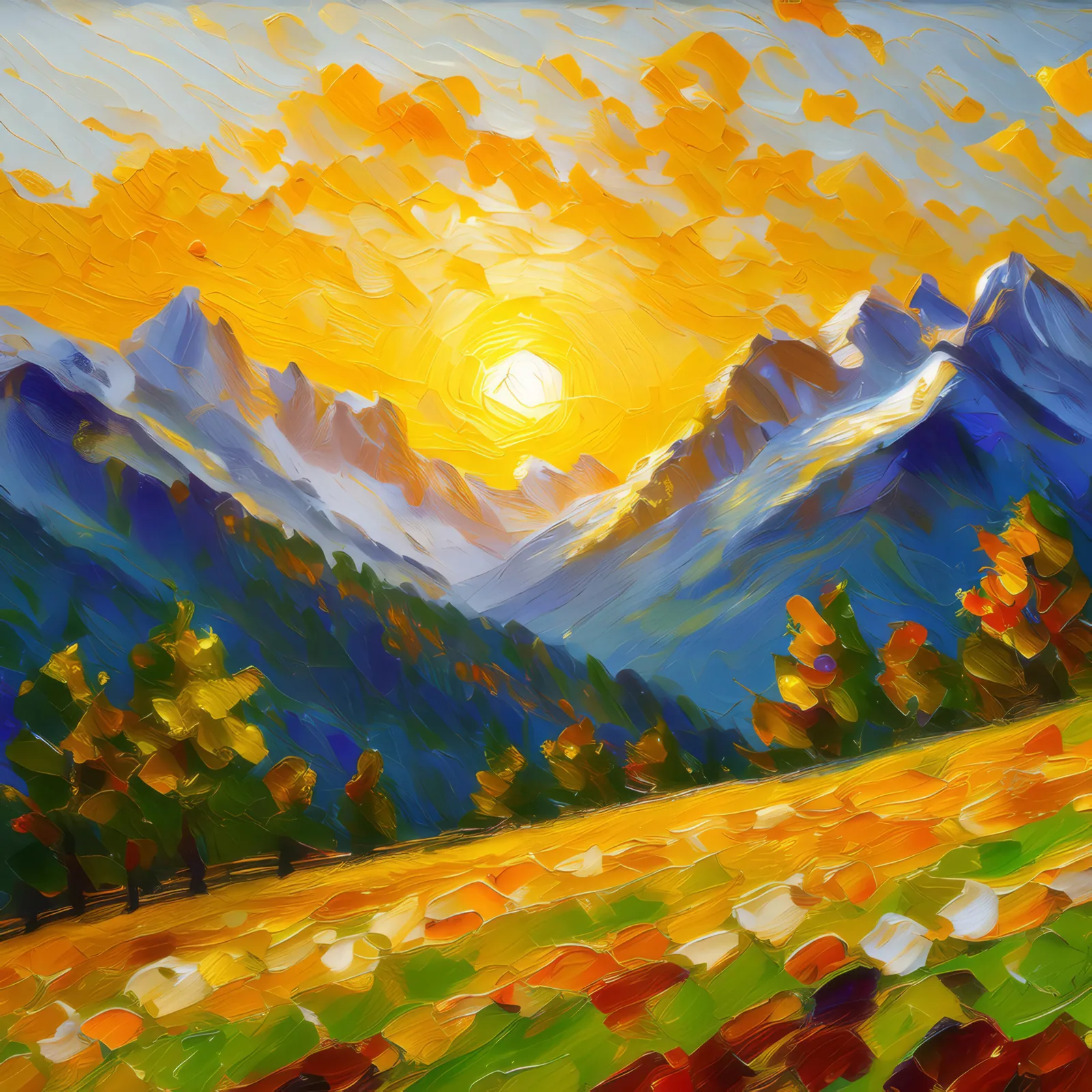 Golden Alpine Morning, a palette-knife oil landscape by Emma Mickelberg