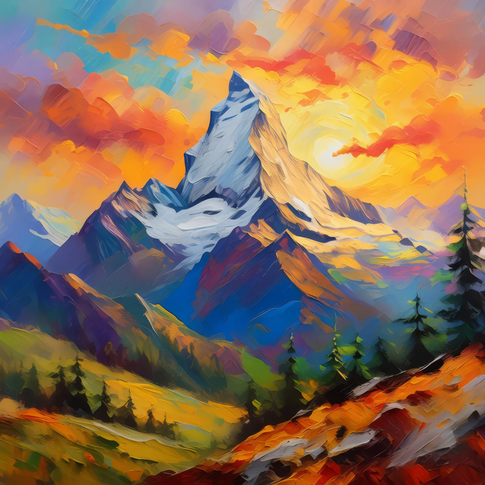 Golden Alpine Sunset, a palette-knife oil landscape by Emma Mickelberg