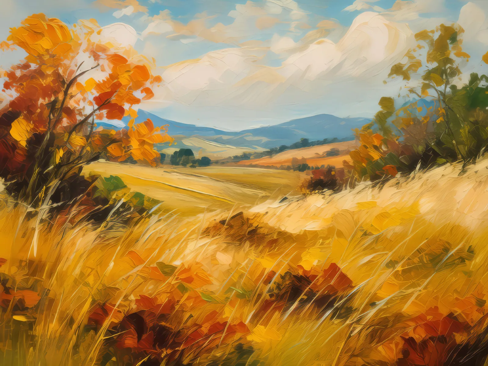Golden Autumn Grassland, a palette-knife oil landscape by Emma Mickelberg