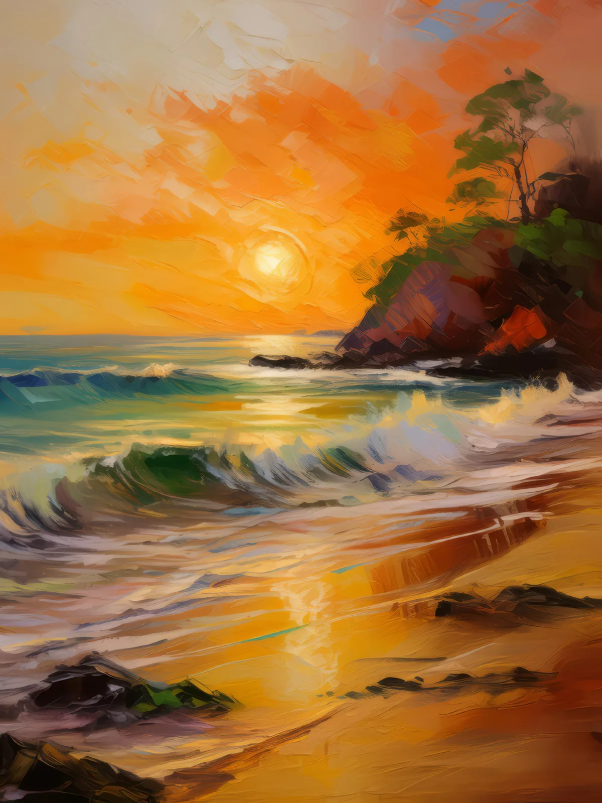 Golden Beach Sunset, a palette-knife oil landscape by Emma Mickelberg